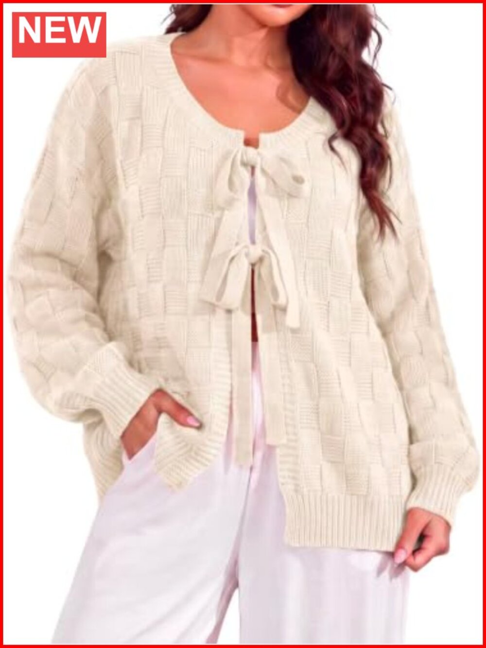 Chunky Knit Oversized Tie Front Cardigan Lantern Sleeve Crop Sweater